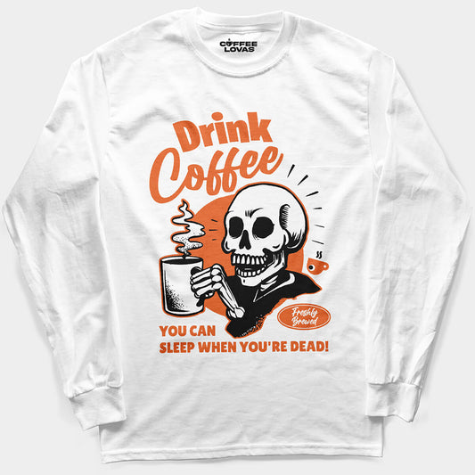No Rest for the Brewed white tee with skeleton and coffee slogan