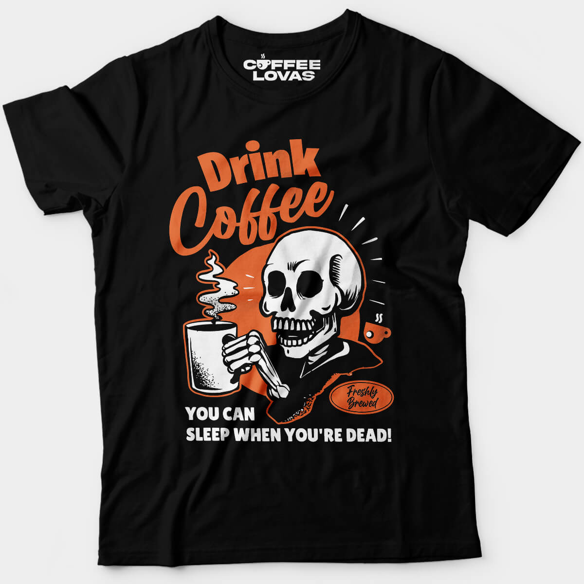 Black No Rest for the Brewed Edgy caffeine addict tee with grinning skeleton holding a coffee mug