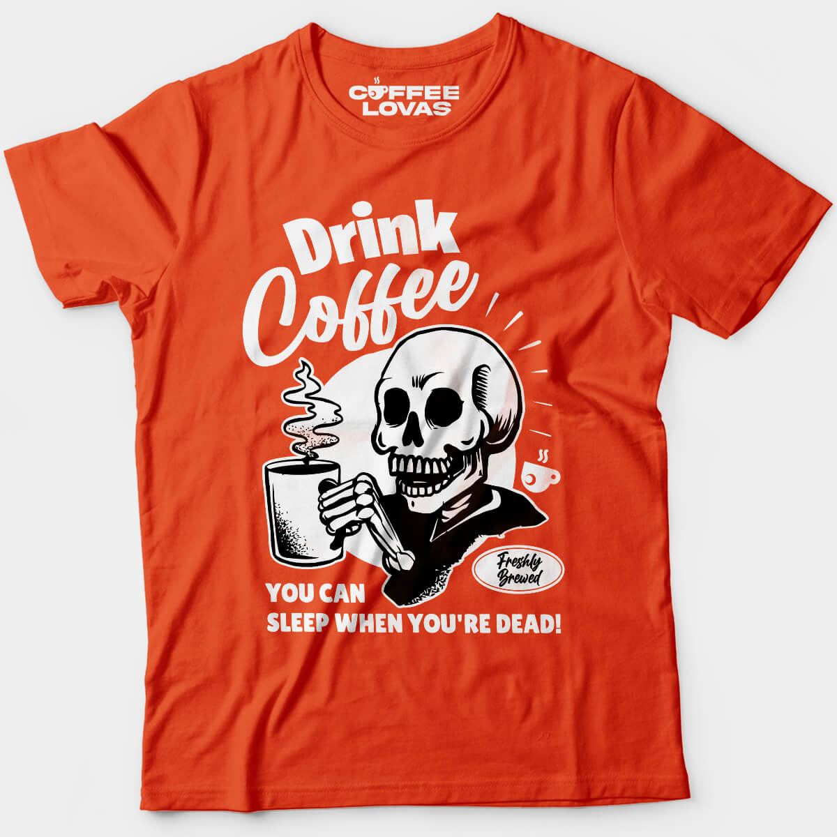 Orange No Rest for the Brewed Edgy caffeine addict tee with grinning skeleton holding a coffee mug