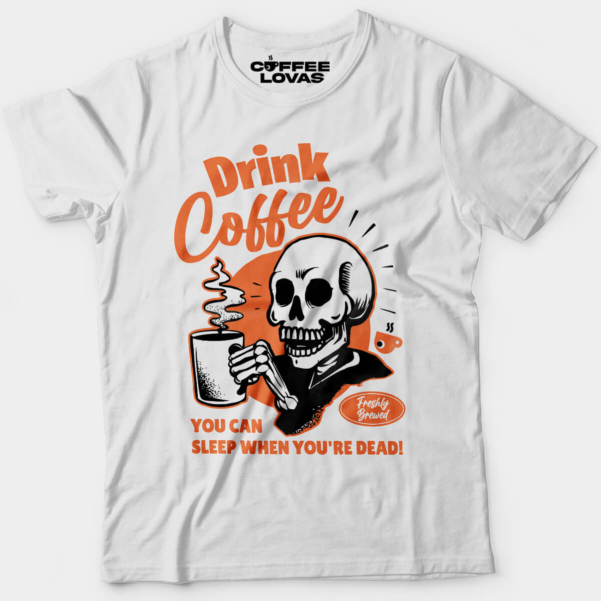 White No Rest for the Brewed Edgy caffeine addict tee with grinning skeleton holding a coffee mug