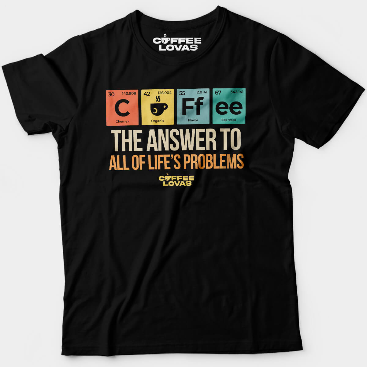 Black Pouriodic Perfection tee with periodic table coffee design