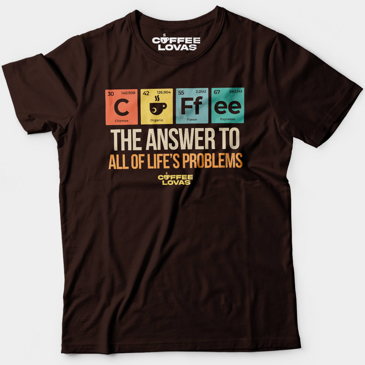Dark Chocolate Pouriodic Perfection tee with periodic table coffee design