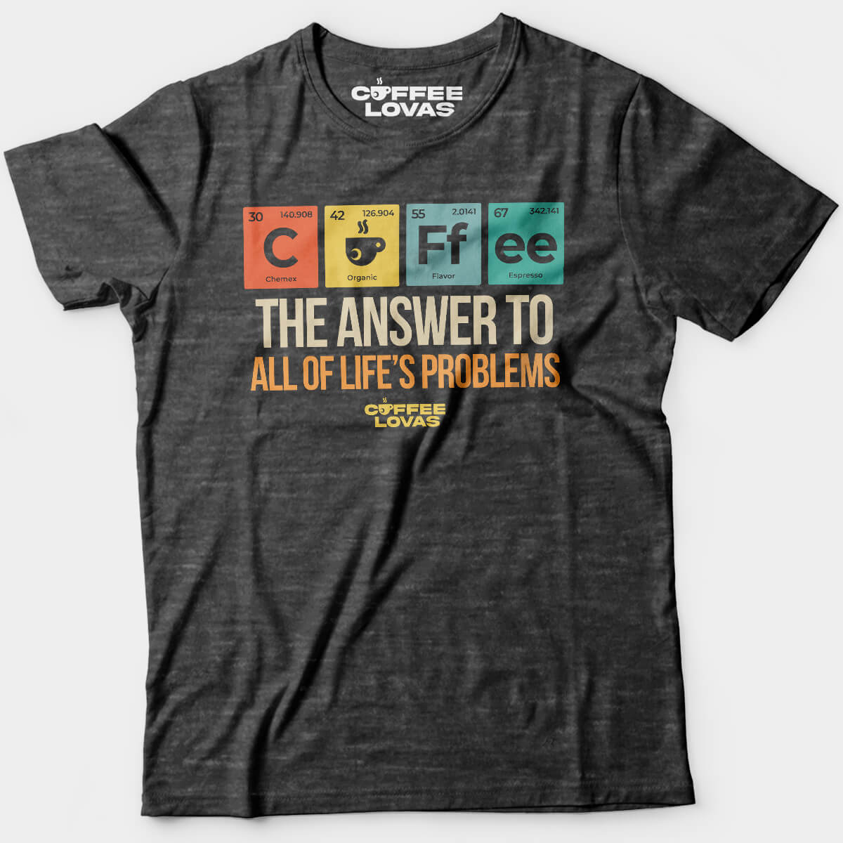 Pouriodic Perfection dark heather tee with periodic table coffee design