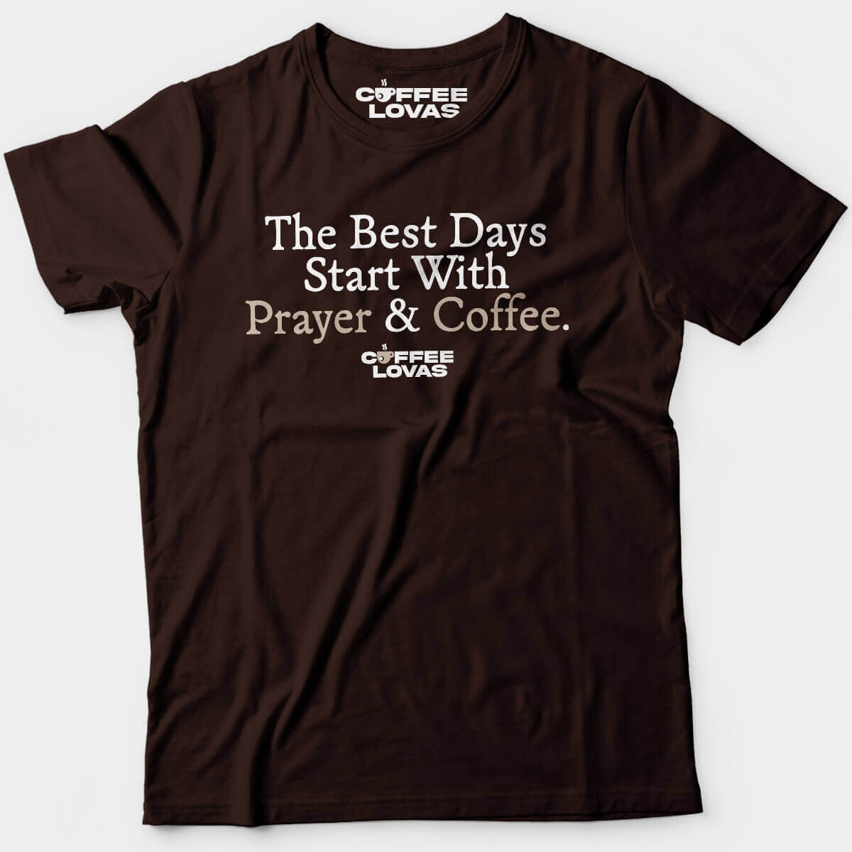 Prayer & Coffee Dark Chocolate tee with classic serif font and red highlights