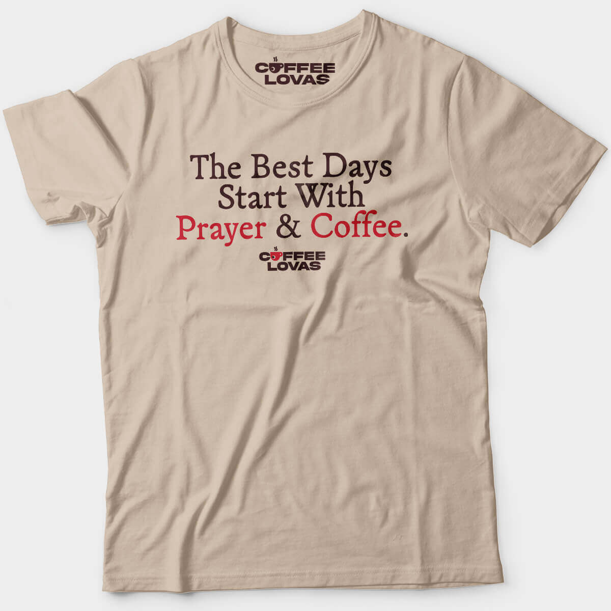 Prayer & Coffee sand tee with classic serif font and red highlights
